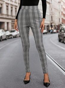 SHEIN Clasi Elegant Women's Black Grid Pattern In Winter High Waist Houndstooth Skinny Pants