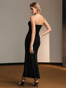 MOTF PREMIUM GLITTER RHINESTONE BUCKLE MESH INSERT MERMAID HEM TUBE DRESS - Black - View 9