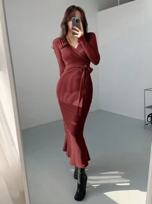 DAZY 女士纯色裹腰中长连衣裙，中国新年服装，春秋季长袖连衣裙红色女士连衣裙 - 酒紅色 - 查看 4