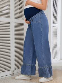 SHEIN Maternity Adjustable High Waist Loose Fit Wide Leg Denim Jeans With Ruffle Hem - Medium Wash - View 7