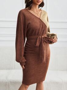 SHEIN Maternity Fashion Color Block Tie Lantern Sleeve Jurk