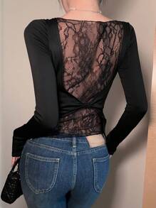 DAZY 1pc Women Lace Patchwork Asymmetric Back Design Long Sleeve T-Shirt Going Out Tops Sheer,Fall Clothes - Black - View 3