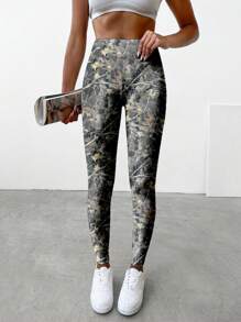 Muchica Casual Minimalist Autumn Dead Tree Branch Print Knit Leggings For Women, Skinny Fit Long Pants, Suitable For Autumn/Winter