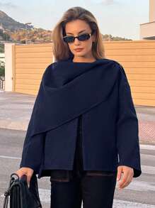 SHEIN Essnce 2024秋季女装机场装时尚休闲宽松百搭黑色毛呢外套设计单件围巾短款开衫外套冬季保暖毛呢外套