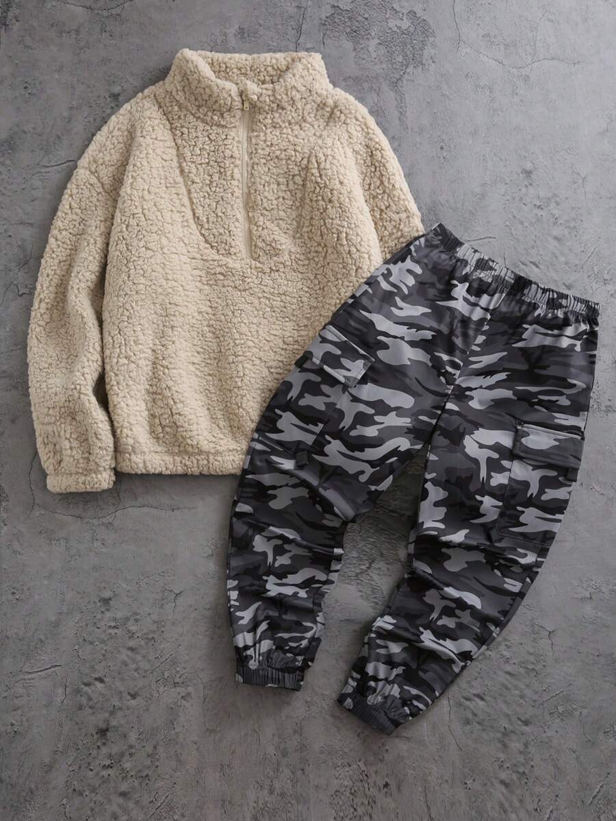 SHEIN Bộ 2 chiếc áo hoodie nỉ rộng rãi thường ngày và quần rút dây họa tiết rằn ri cho bé trai - Nhiều màu - Xem 1