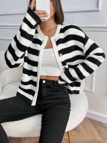 SHEIN LUNE Chaqueta tipo cardigan casual con botones delanteros a rayas, adecuado para el uso diario en otoño/invierno