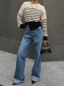 DAZY Contrast Striped Loose Crew Neck Long Sleeve Split Side Women Sweater