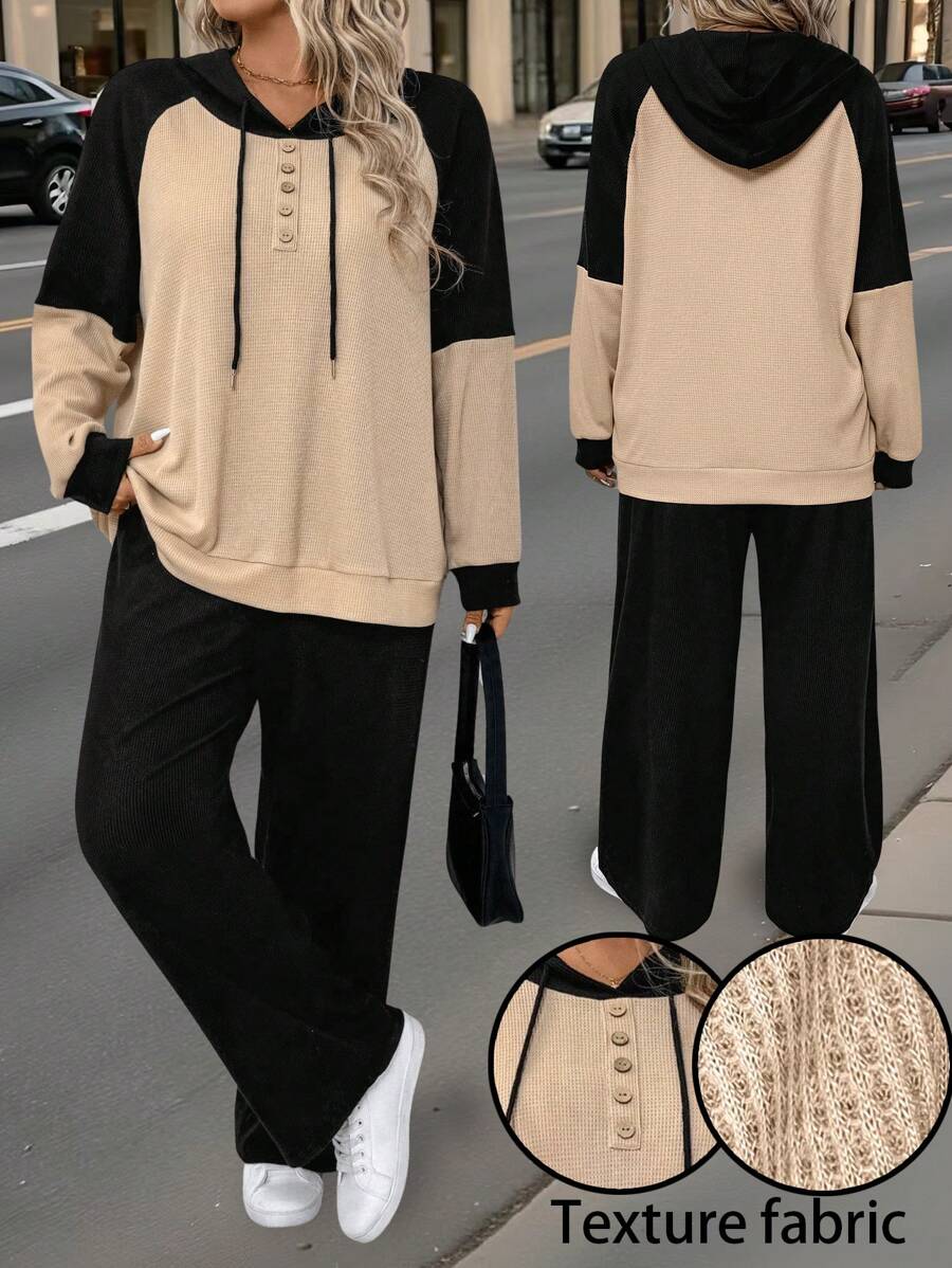 Bộ 2 món cỡ lớn, áo hoodie và quần thường ngày, trang phục thời trang phối màu cho nữ - Nhiều màu - Xem 1