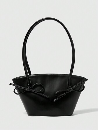 Kawaii 1pc Women Plain Color Bow Decor Simple Casual Shoulder Bag