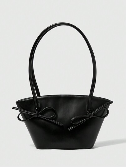 Kawaii 1pc Women Plain Color Bow Decor Simple Casual Shoulder Bag