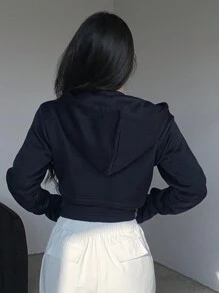 DAZY Bộ 2 áo hoodie nữ + áo ba lỗ in chữ, áo nỉ chui đầu lót nhiệt, quần áo mùa thu, lót nhiệt có khóa kéo - Màu xanh hải quân - Xem 5