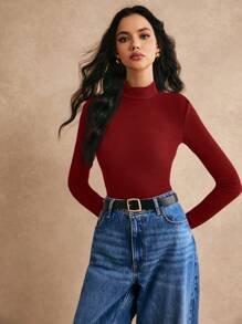 Poéselle Women Solid Color Ribbed Knit Gold Button Decor Fitted T-Shirt, Casual Style For Spring & Autumn - Burgundy - View 7