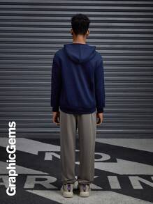 2pcs/Set Boys Teenager Logo Print Hoodie And Sweatpants, Casual Outfit - Navy Blue - View 2