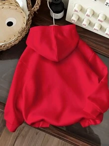 SHEIN EZwear Áo hoodie dài tay dáng rộng in họa tiết tuần lộc Giáng sinh tối giản giản dị dành cho nữ vào mùa thu/đông - Đỏ - Xem 2
