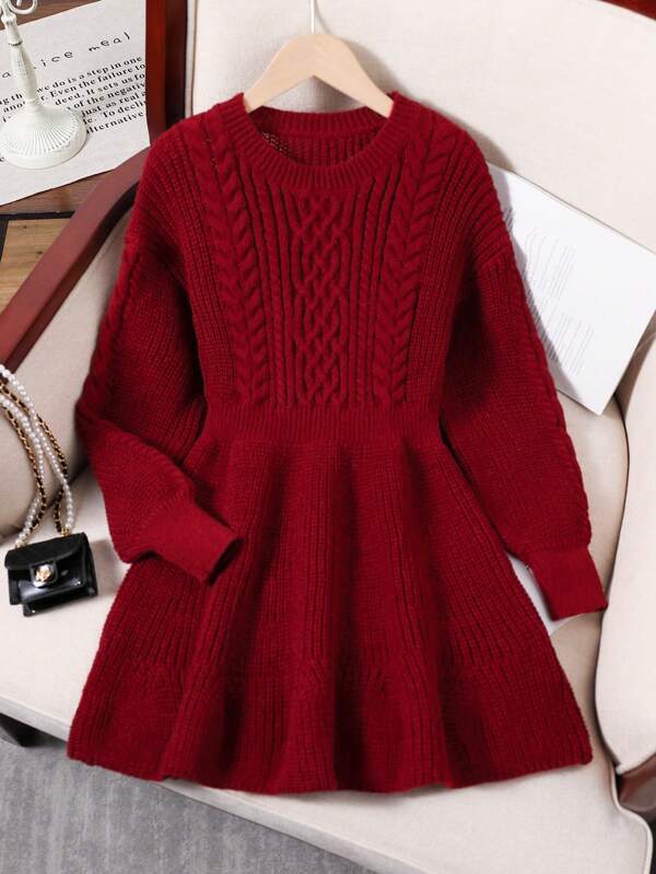 SHEIN Tween-Mädchen Herbst- und Winterpullover-Strickkleid, neue Produkte. Jujube-Rot, Rot, Burgunder-Stick-Strickmethode ist lebhaft und süß, Rüschen sind so und edel wie eine kleine Prinzessin