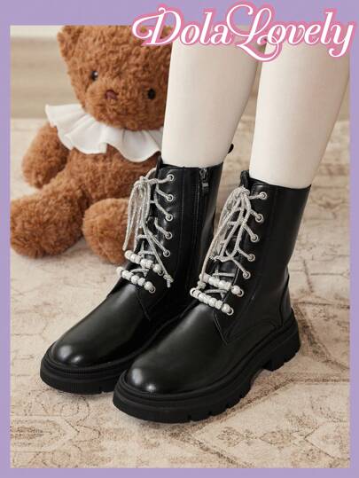Dola Lovely Women's Fashionable Elegant Casual Round Toe Black Thick Sole Lace Up Motorcycle Boots With Metallic Buckle, Sexy And Classic Outdoor British Style Ankle Boots