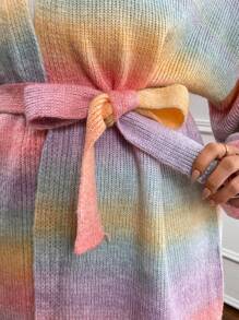 SHEIN VCAY Plus Size Ombre Gradient Long Sleeve Cardigan With Belt - Multicolor - View 6