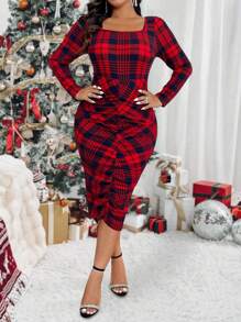 SHEIN Clasi 大码格子褶皱紧身连衣裙，休闲秋冬季长款女装