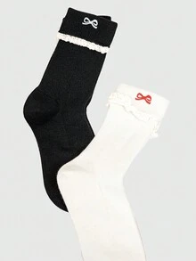 ROMWE Kawaii 2 双纯色蕾丝荷叶边和蝴蝶结装饰中筒袜 - 彩色 - 查看 2