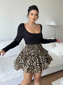 Flirla Conjunto de 2 piezas de blusa de cuello cuadrado con estampado de leopardo negro talla grande talla y falda mini con volantes en A - Multicolor - Ver 8