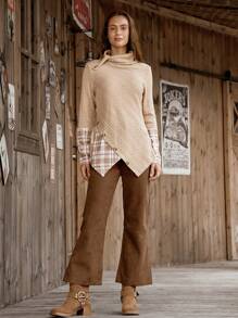 LanaWest LanaWest Damesmode Casual Losse T-shirt met Lange Mouwen, Opstaande Kraag, Knoopmanchetten, Patchwork Plaid Print, Asymmetrische Zoom, Herfst/Winter