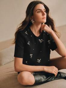 Anewsta 2 件套优雅串珠装饰短袖短裤夏季服装 - 黑色 - 查看 5