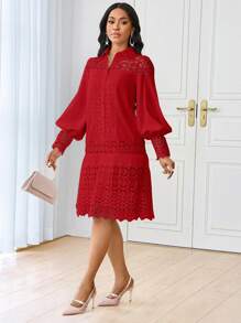 SHEIN Lady Spring And Summer Casual Elegant Work  Contrast Lace Shirt Dress Tunic Dress Midi Women Dresses - Red - View 5