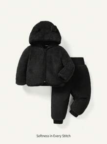 Cozy Pixies 女婴两件套服装：连帽羊毛夹克和厚高腰裤 - 黑色 - 查看 1
