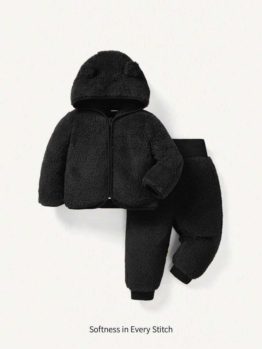 Cozy Pixies 女婴两件套服装：连帽羊毛夹克和厚高腰裤 - 黑色 - 查看 1