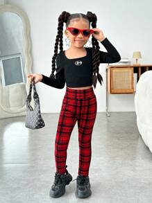 NovaGlow Young Girl Everyday Casual Christmas Plaid Knit Leggings - Red - View 5