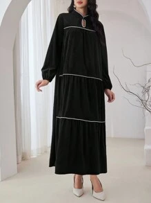 Al Najma 女士旗袍领水滴形撞色超大边宽松褶皱优雅连衣裙，休闲束腰长裙，适合日常休闲