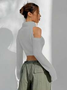 SHEIN Unity 女士休闲高领露肩短款毛衣，日常穿着，秋冬针织套头衫 - 淺灰色 - 查看 2