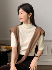 DAZY 2 Pcs/Set Women Solid Color Stand Collar Short Sleeve Knit Top And Cape - Beige - View 7