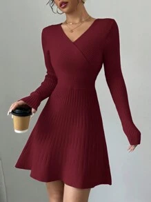 Elenzga 1pc Solid Color V-Neck Long Sleeve Casual Short Wrap-Style Dress - Burgundy - View 5