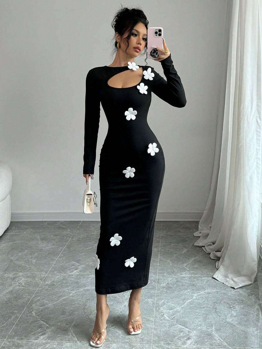 Selianne Đầm Maxi Thiết Kế Hoa Rỗng Gợi Cảm Cho Nữ Trang Phục Mùa Thu Cho Nữ - màu đen - Xem 1