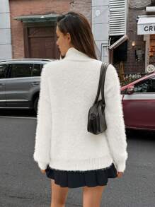 SHEIN Unity Women Fashion Warm Turtleneck Fuzzy Sweater Knit Pullover Fall Winter - White - View 2