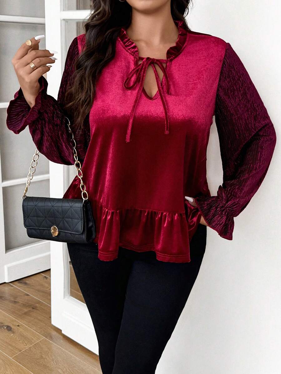 SHEIN Frenchy Plus Size Casual Solid Burgundy Loose Fit V-Neck Ruffle Hem Tie Front Velvet Blouse, Suitable For Parties, Gatherings, Dates, Autumn/Winter - Burgundy - View 1