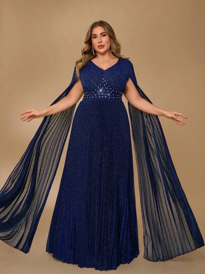 SHEIN Belle 加大码深蓝色仿梨形水钻装饰褶皱优雅厚重晚礼服，长袖正式舞会礼服，适合婚礼嘉宾、毕业典礼、晚宴