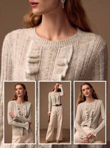 MOTF PREMIUM CONTRAST BINDING RUFFLE TRIM CABLE KNIT SWEATER