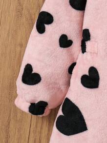 SHEIN Young Girl Reversible Heart & Graphic Pattern Fleece Cinched Waist Zip Up Hooded Jacket, Winter - Pink - View 4