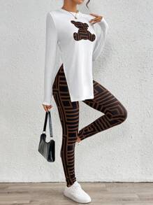 SHEIN Essnce Women Casual 2pcs Women's Casual Bear Print Side Slit Long Sleeve Top & Geometric Print Leggings Set Fall Sets , Fall Women Clothes - Brown - View 6