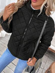 SHEIN LUNE 女士休闲纯色拉链绗缝外套，适合秋冬季节穿着 - 棕色 - 查看 4