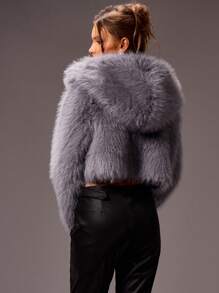 MUSERA Hooded Fluffy Cropped Coat - Grey - View 3