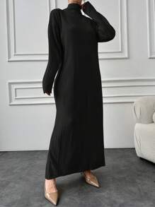 EURMUSE Cotton Solid Color Turtleneck Ribbed Knit Sweater Dress - Black - View 3