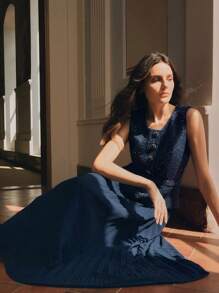 Anewsta Women Contrast Chiffon Pleated Long Dress Maxi Tweed Women Outfit - Blue - View 4