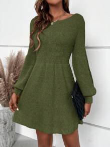 SHEIN Clasi Vestido de punto con mangas farol de cuello redondo y unicolor, para mujer, para otoño/invierno