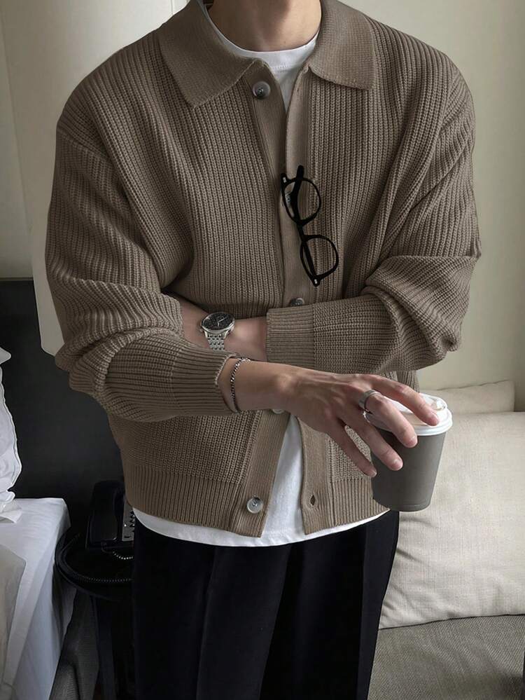 Men's Casual Solid Color Drop Shoulder Loose Fit Turndown Collar Button Front Cardigan Jacket Fall,Winter