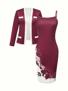 SHEIN Clasi 2pcs Set Women Elegant Commuter Style Contrast Trim Long Sleeve Jacket And Floral Print Slip Dress, Suits For Office And Casual Wear