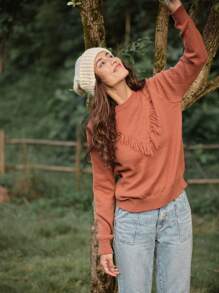 LanaWest 1 件女式休闲圆领长袖流苏套头毛衣