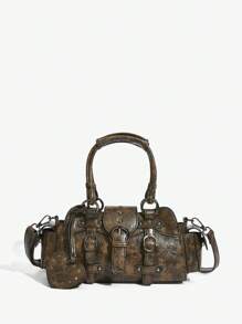 SHEIN ICON Moda femei New Sweet & Cool Y2K Heart Decor Retro Biker Style Top Handler Geantă, potrivită pentru fete, stradă, Y2K, retro, geantă de mână, tote bag, inimă, stil motociclist, geantă pentru școală, adolescenți